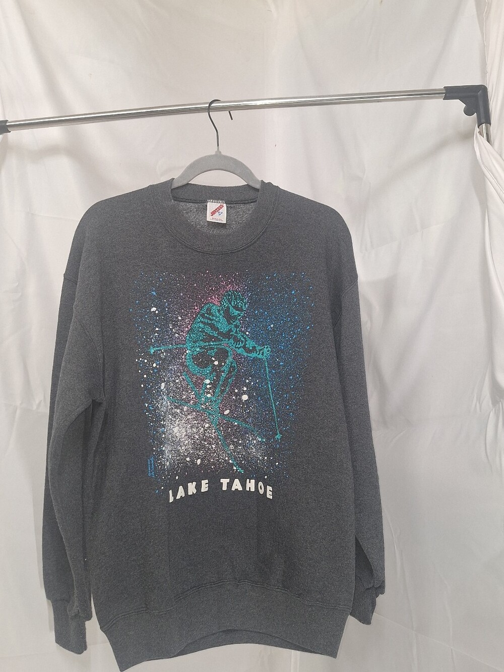 Jerzees Dark Gray Crewneck with Teal Ski Graphic